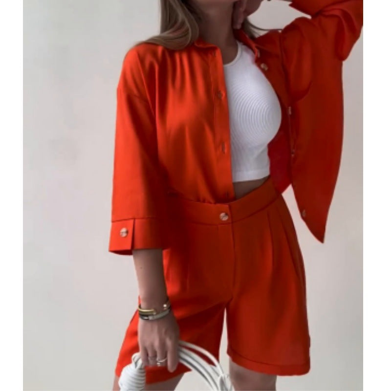 Heidi-Mode | Locker Langarm-Top Lässige Hochbund-Shorts Zweiteiliges Set