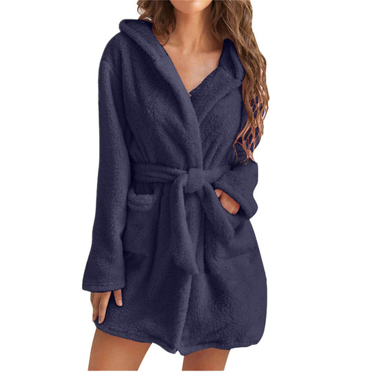 Damen Fleece Bademantel mit Kapuze und Gürtel Heidi-Mode
