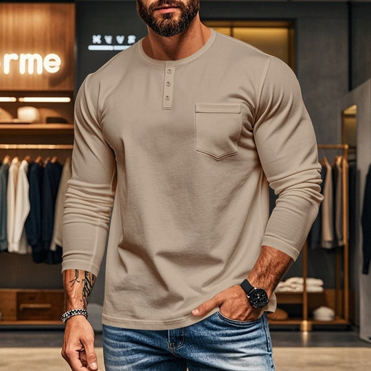 Herren Langarmshirt mit Knopfleiste und Brusttasche Heidi-Mode