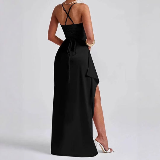 Damen Elegantes Maxikleid mit seitlichem Schlitz und raffinierten Spaghetti-Trägern Heidi-Mode
