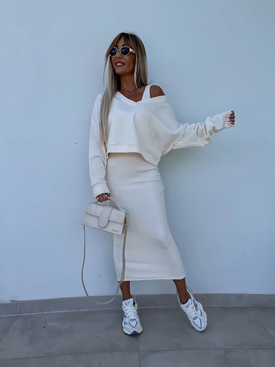 Damen modisches Kleidungsensemble mit asymmetrischem Schnitt und weichem Baumwollmaterial Heidi-Mode