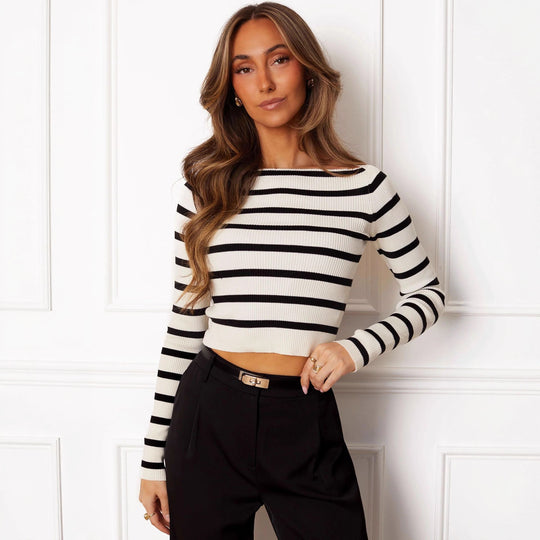 Damen Cropped Langarmshirt mit gestreiftem Muster und weichem Rippdesign Heidi-Mode