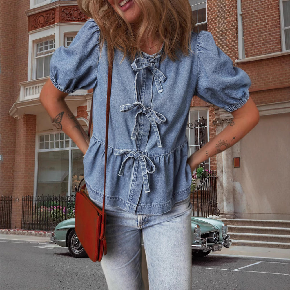 Damen Modische Jeansbluse mit dekorativen Schleifendetails und voluminösen Ärmeln Heidi-Mode