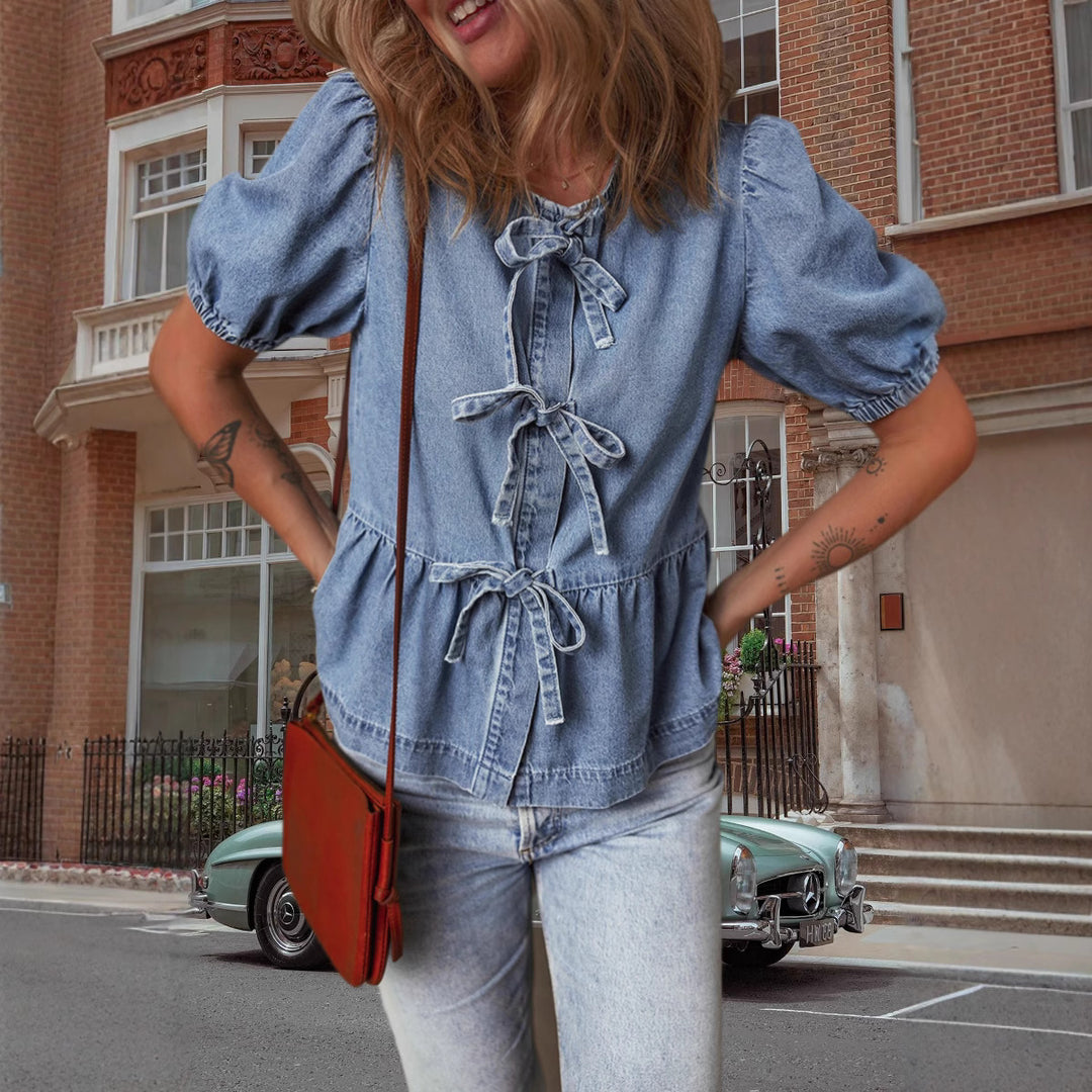 Damen Modische Jeansbluse mit dekorativen Schleifendetails und voluminösen Ärmeln Heidi-Mode
