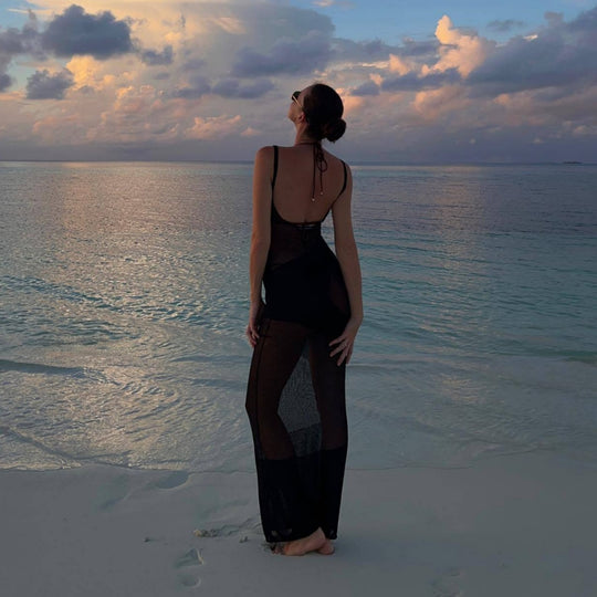 Damen Maxikleid aus transparentem Strickmaterial mit feinster Rippstruktur Heidi-Mode