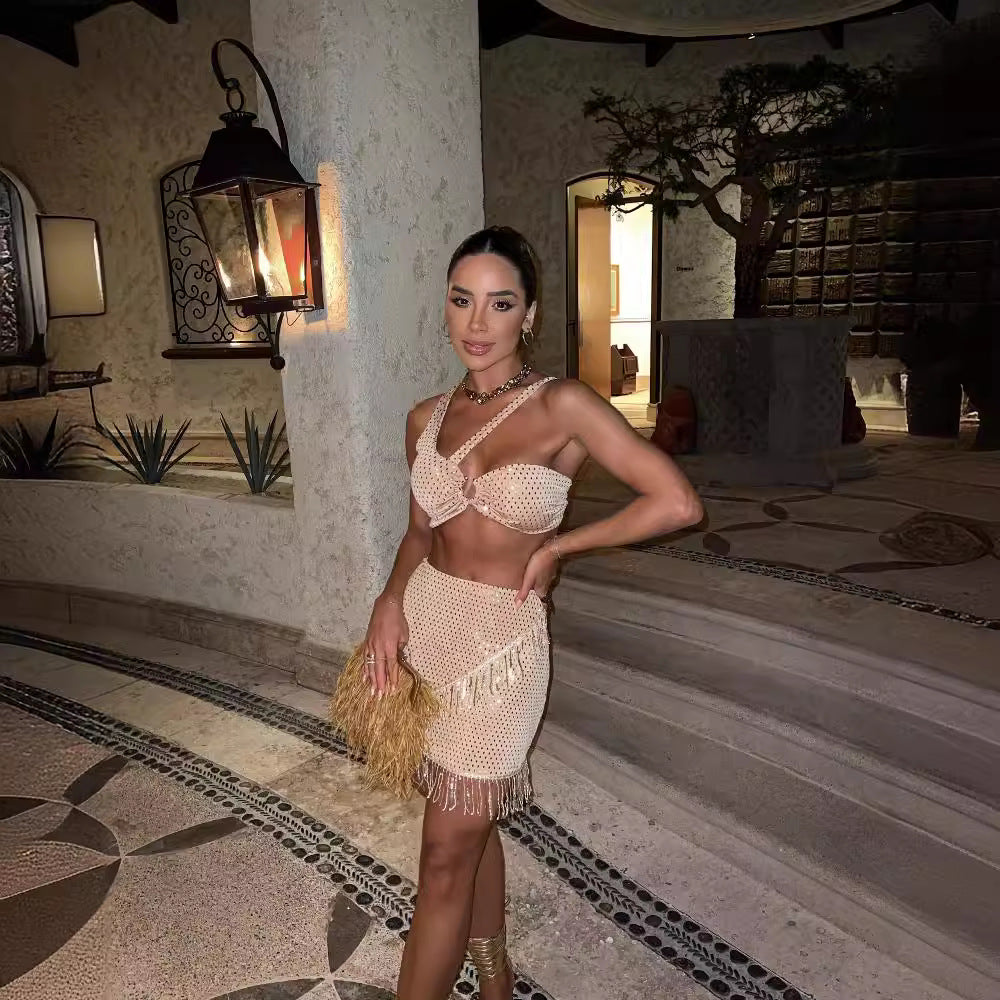 Damen zweiteiliges Glamour-Set mit funkelndem Paillettendesign und Fransen Heidi-Mode