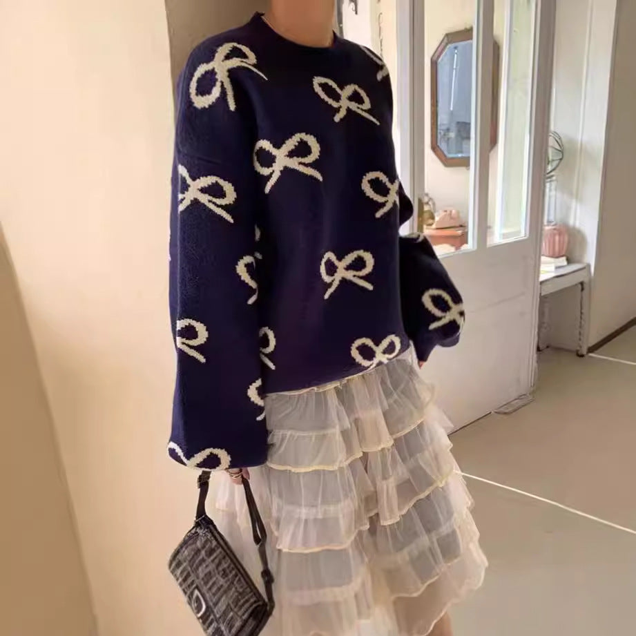 Damen Weicher Pullover mit romantischem Schleifenmuster Heidi-Mode