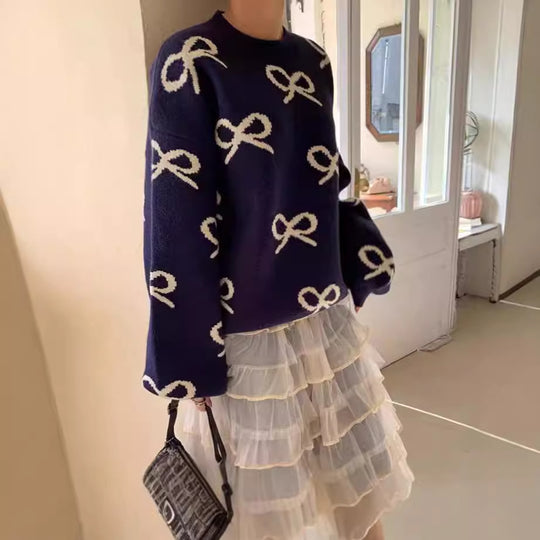 Damen Weicher Pullover mit romantischem Schleifenmuster Heidi-Mode