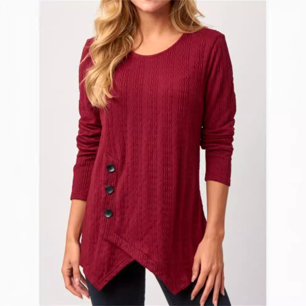 Damen asymmetrisches Langarmshirt mit Knopfdetails und strukturiertem Design Heidi-Mode