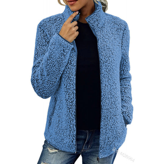 Damen flauschige Fleecejacke mit hohem Kragen und seitlichen Taschen Heidi-Mode