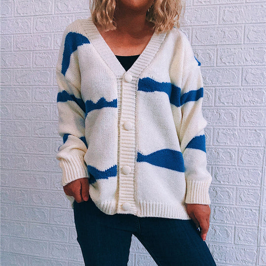 Damen gestreifte Strickjacke mit Knopfverschluss und weitem Schnitt Heidi-Mode