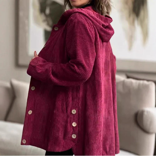 Damen Lässige cordjacke mit Kapuze und großen Knöpfen Heidi-Mode