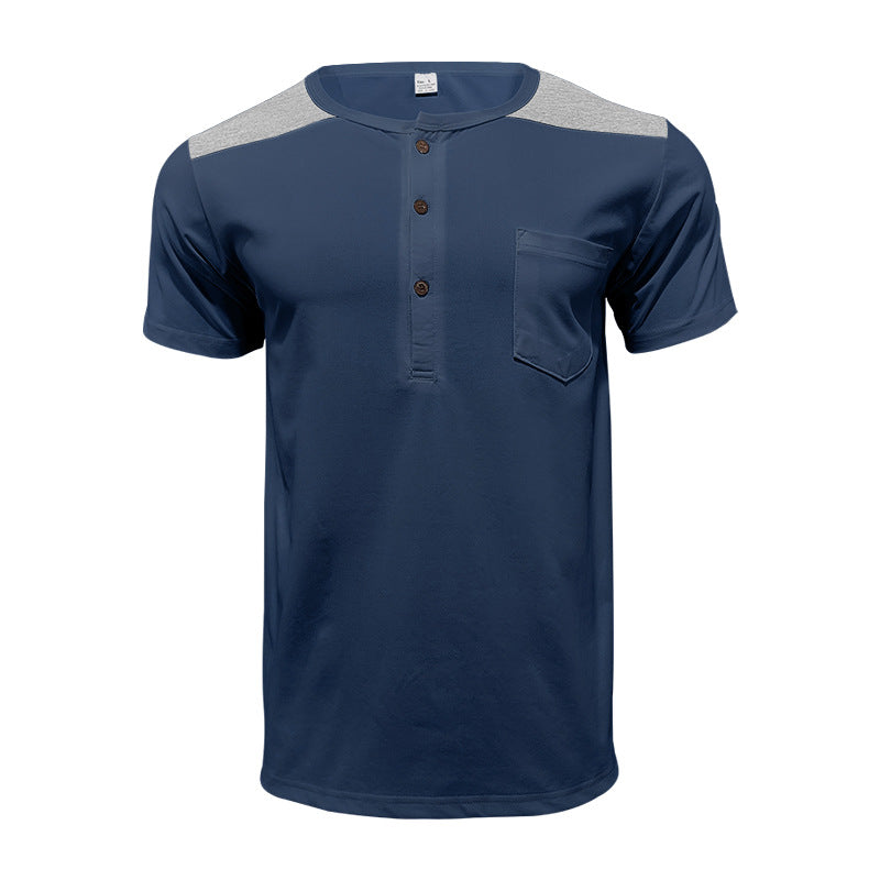 Herren Kurzarm-Henley-Shirt mit kontrastierenden Schulterdetails und praktischer Brusttasche Heidi-Mode