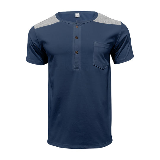 Herren Kurzarm-Henley-Shirt mit kontrastierenden Schulterdetails und praktischer Brusttasche Heidi-Mode