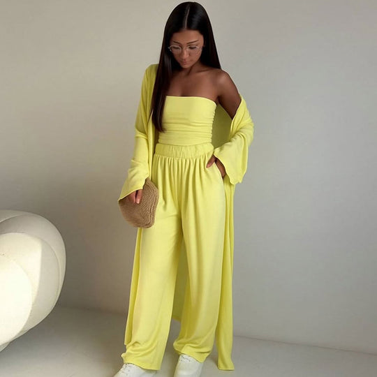 Damen elegantes 3-teiliges Set mit weitem Hosen und tailliertem Oberteil Heidi-Mode