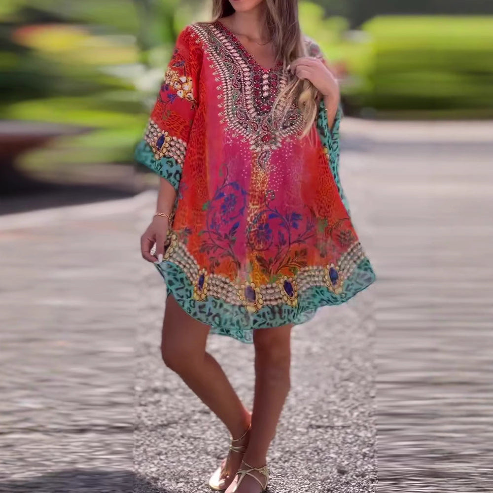 Damen Kaftan mit elegantem V-Ausschnitt und funkelndem Print Heidi-Mode