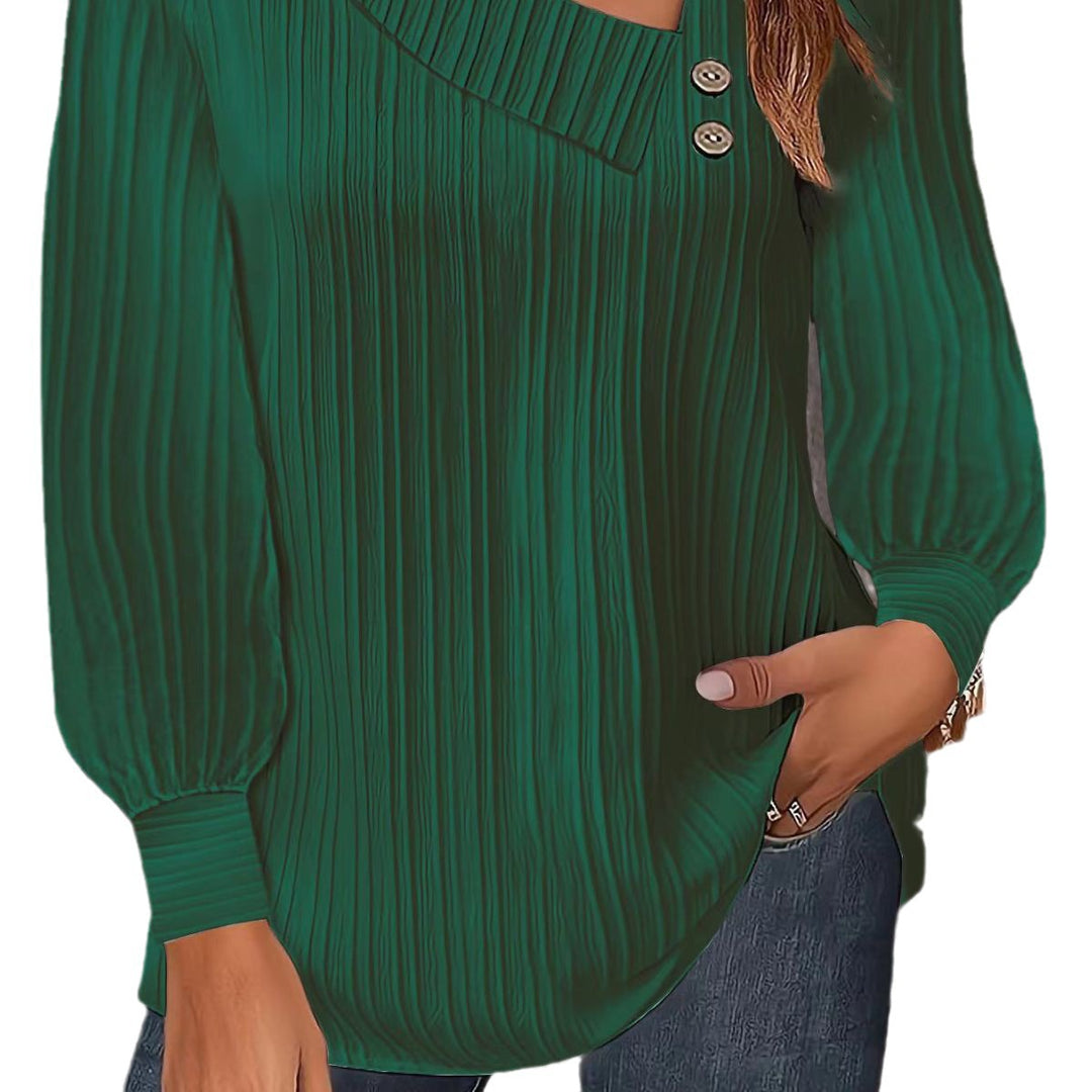 Damen Plissiertes Oberteil mit asymmetrischem Kragen und eleganten Knopfdetails Heidi-Mode