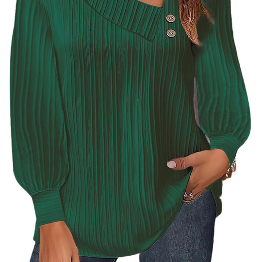 Damen Plissiertes Oberteil mit asymmetrischem Kragen und eleganten Knopfdetails Heidi-Mode