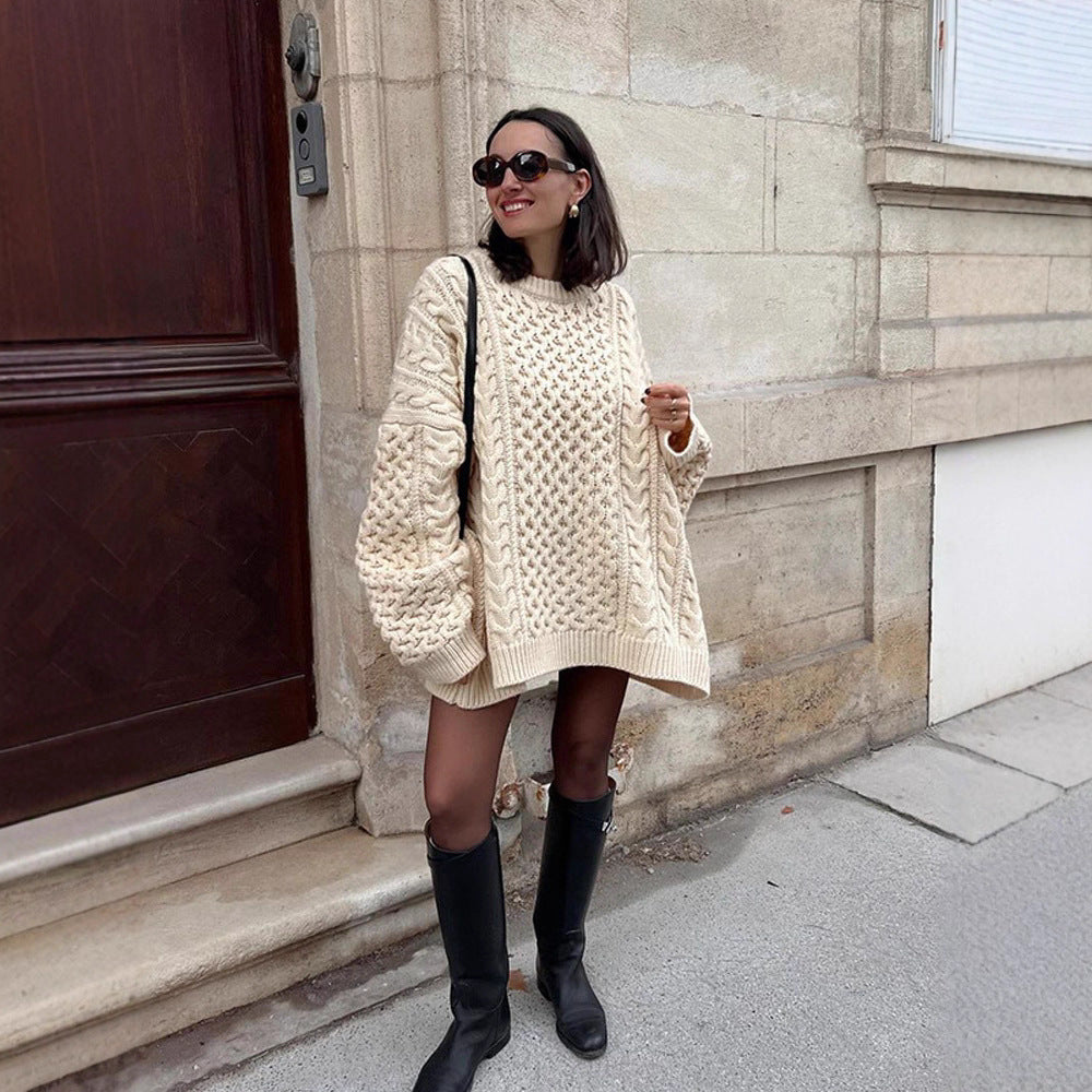 Damen Oversized Strickpullover mit Zopfmuster Heidi-Mode