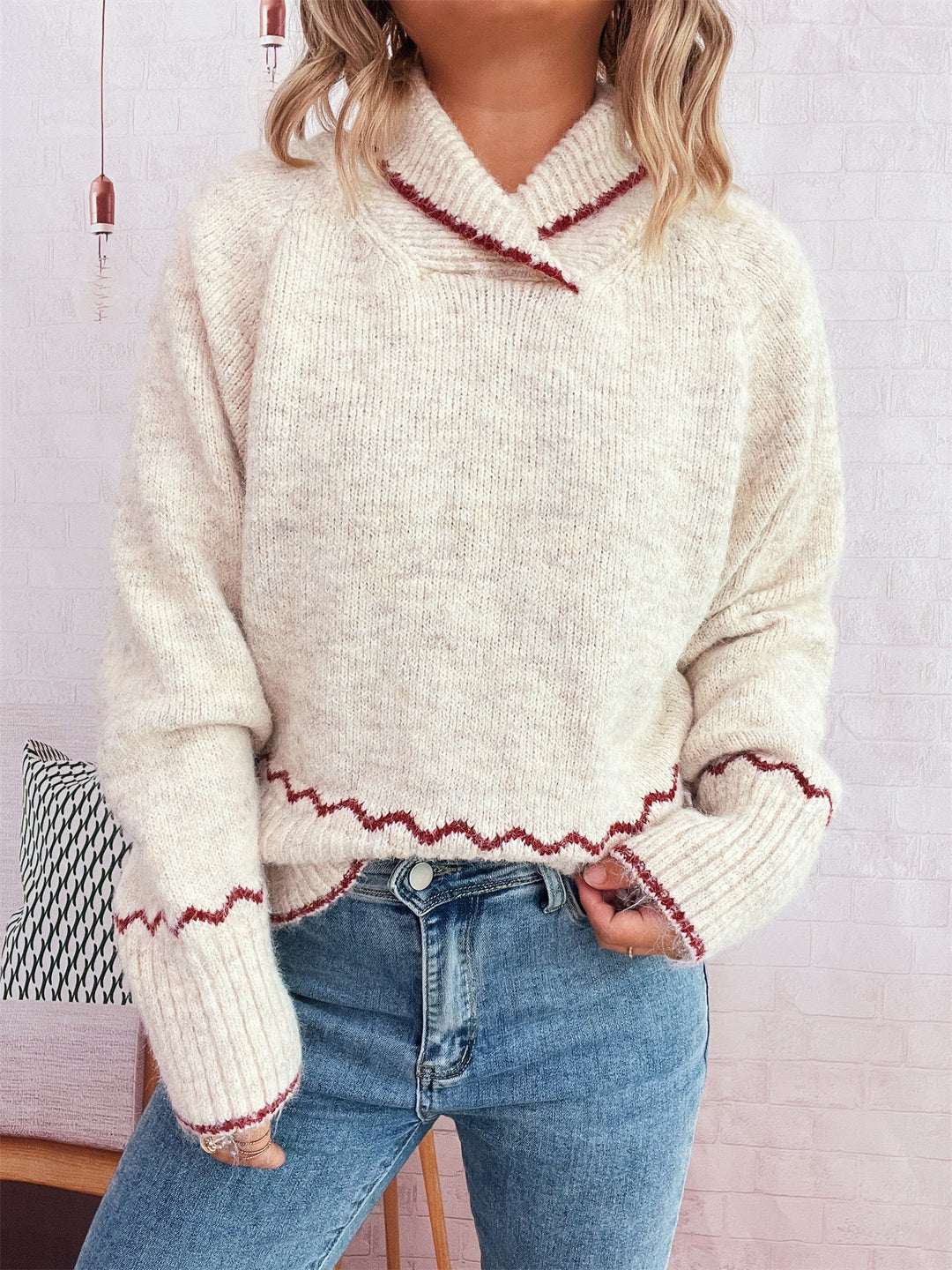 Damen lässiger Strickpullover mit modischem Kragen und fransigen Akzenten Heidi-Mode