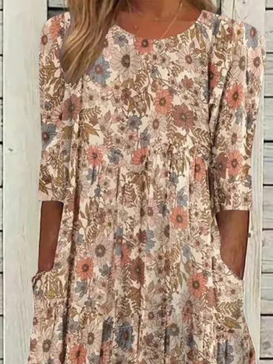 – Bohemian-Kleid mit Rundhalsausschnitt, lockeres, lässiges Taschenkleid für Damen