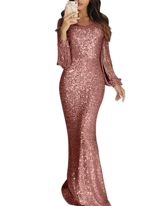Heidi-Mode | Figurschmeichelndes Glitzerndes Old Hollywood Kleid mit Netzärmeln