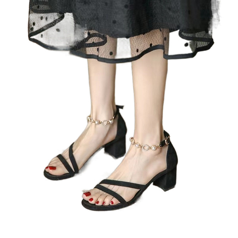 Damen Sandaletten mit eleganter Perlenverzierung und bequemen Blockabsatz Heidi-Mode