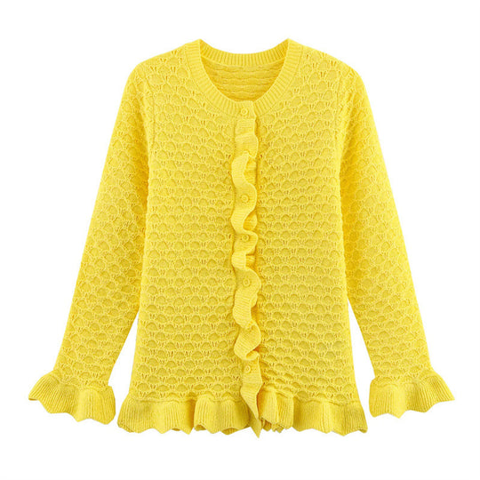 Damen Strickjacke mit Rüschendetails und Knopfleiste Heidi-Mode