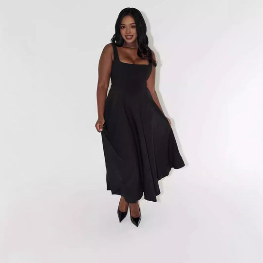 Damen A-Linien Maxikleid mit quadratischem Ausschnitt und fließendem Stoff Heidi-Mode