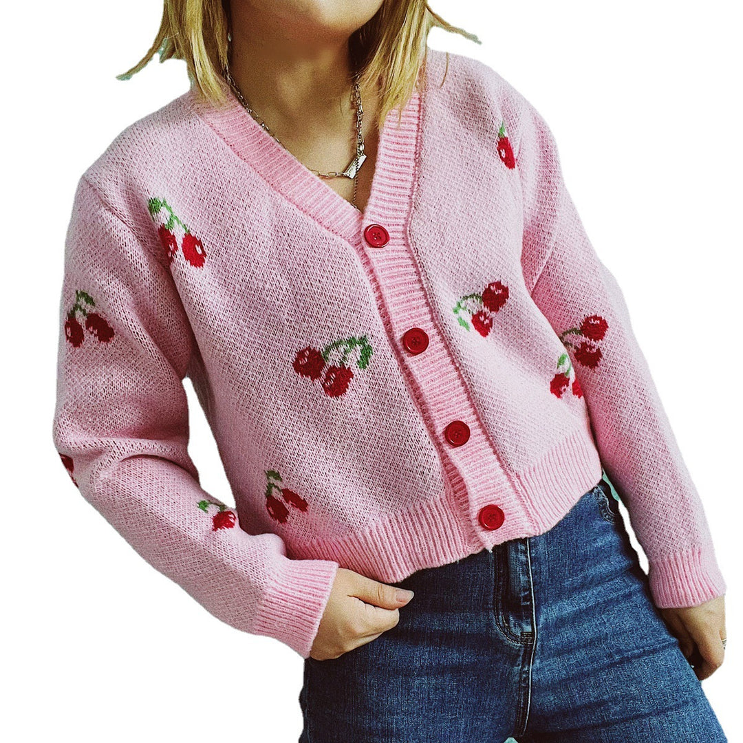 Damen Strickjacke im fröhlichen Kirschmotiv Heidi-Mode