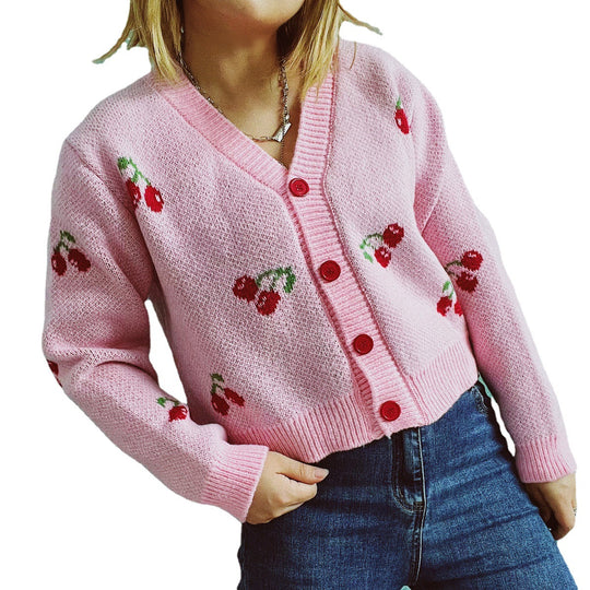 Damen Strickjacke im fröhlichen Kirschmotiv Heidi-Mode