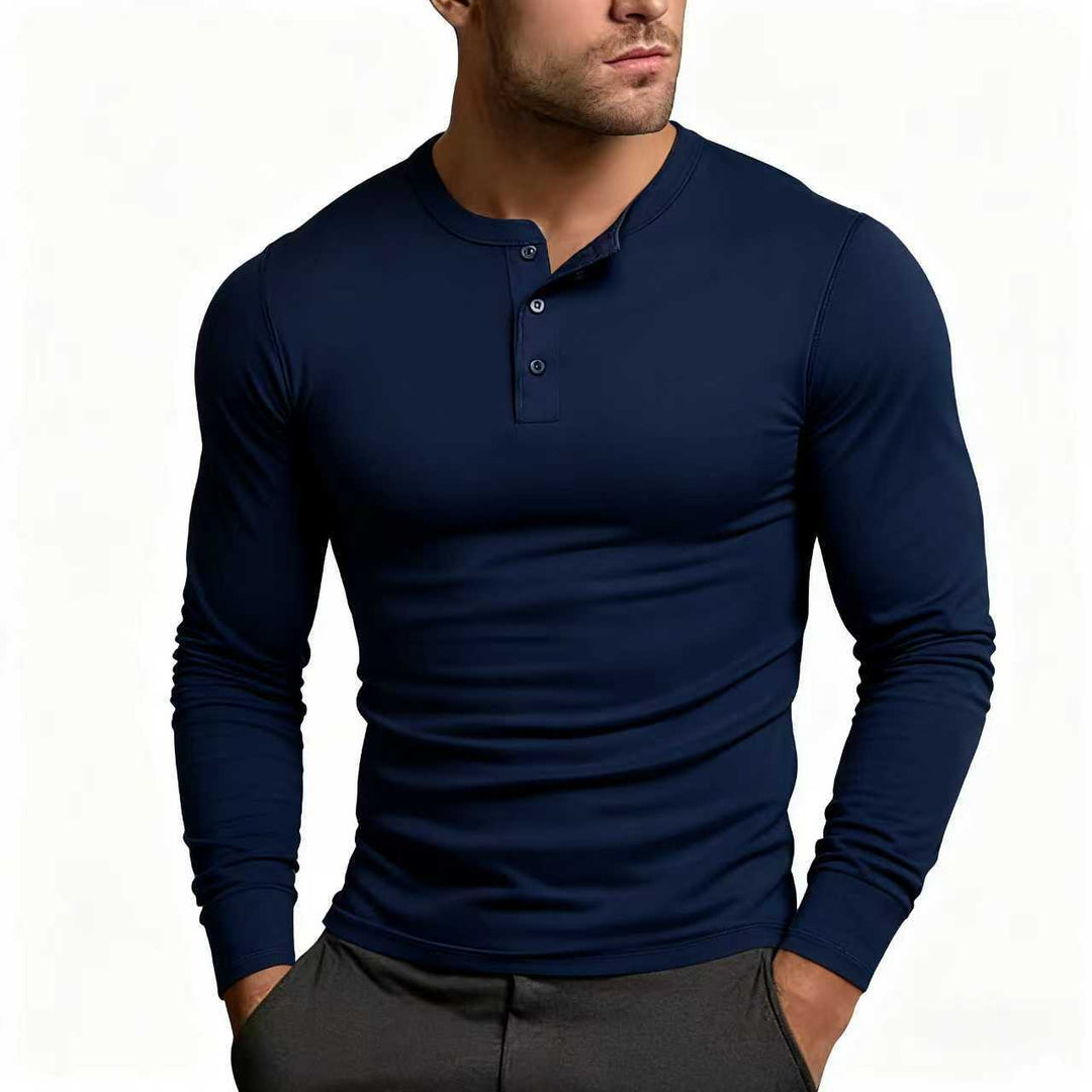 Herren Langarm-Henley-Shirt mit klassischem Knopfdetail und körpernaher Passform Heidi-Mode