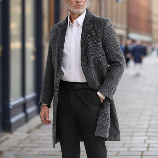 Herren Lang geschnittener Wollmantel mit Karomuster Heidi-Mode