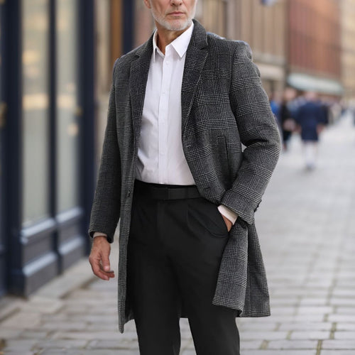 Herren Lang geschnittener Wollmantel mit Karomuster Heidi-Mode