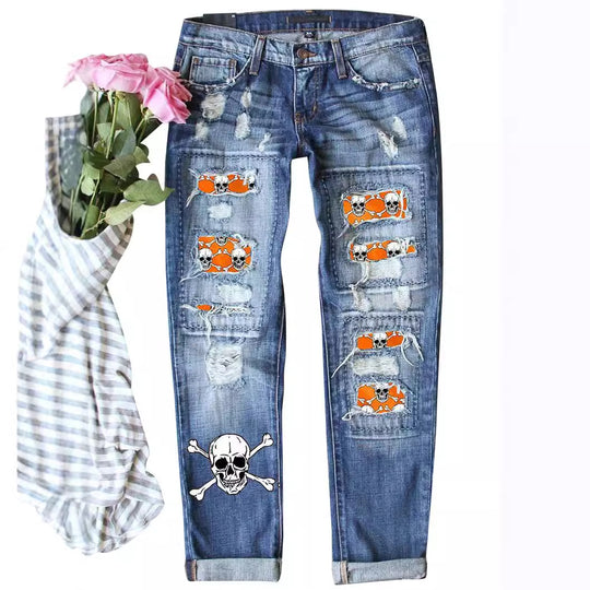 Damen Skinny Jeans mit auffälligen Totenkopf-Mustern Heidi-Mode