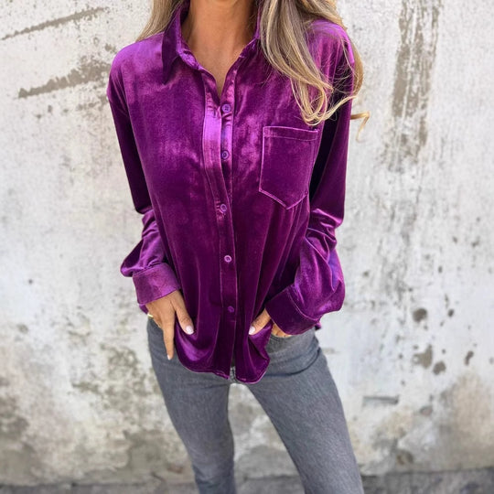 Damen Elegante Samtbluse mit klassischem Hemdkragen und langen Ärmeln Heidi-Mode