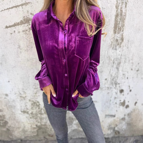 Damen Elegante Samtbluse mit klassischem Hemdkragen und langen Ärmeln Heidi-Mode