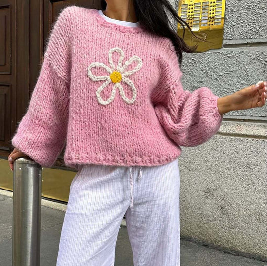 Damen lässiger Strickpullover mit floralem Motiv und oversized Schnitt Heidi-Mode
