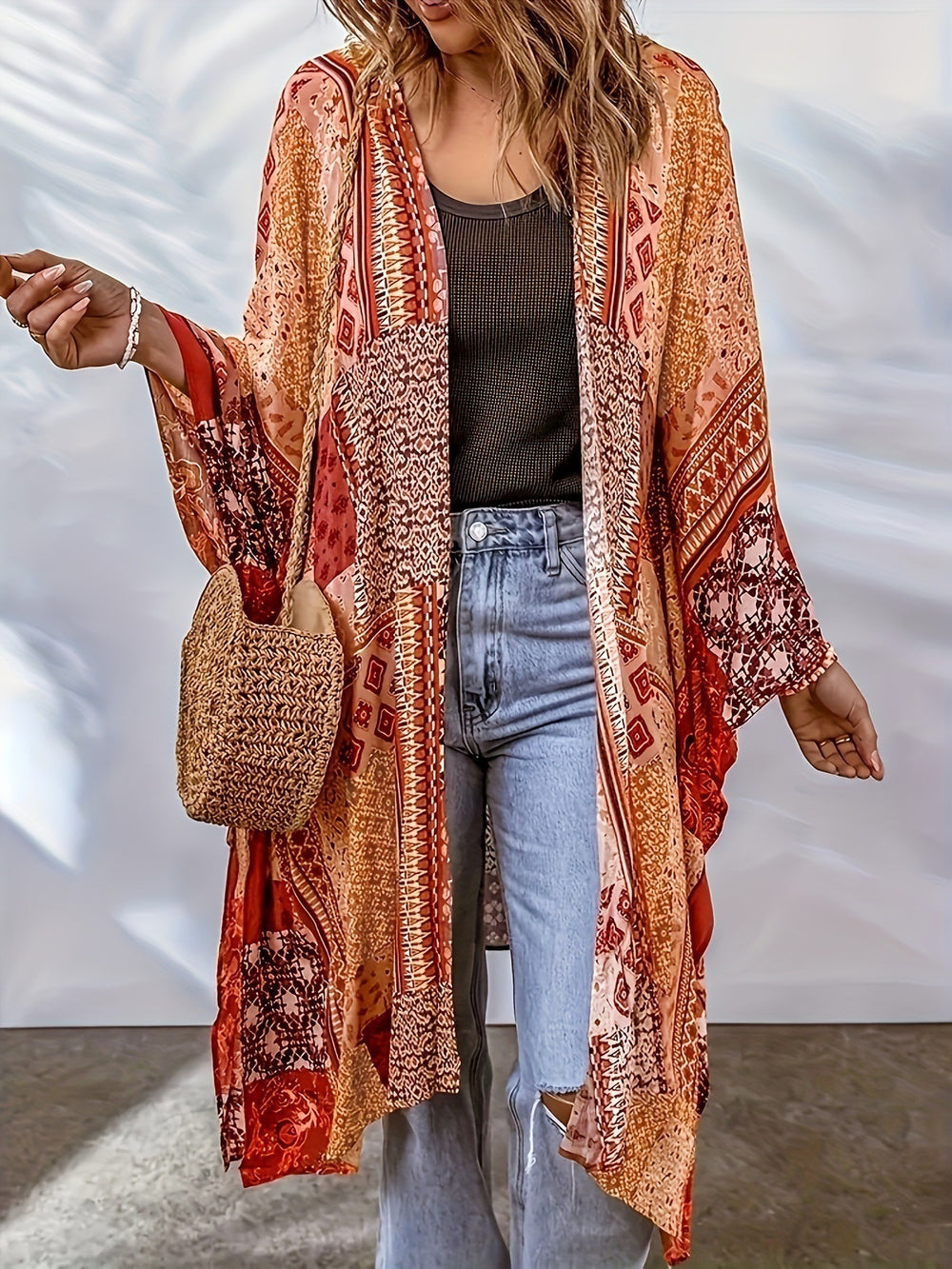 Damen Lässige Kimono-Jacke mit buntem Muster und weitem Schnitt Heidi-Mode