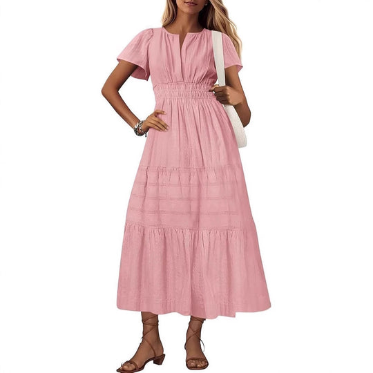 Damen Maxikleid mit modischem V-Ausschnitt und luftigen Rüschen Heidi-Mode