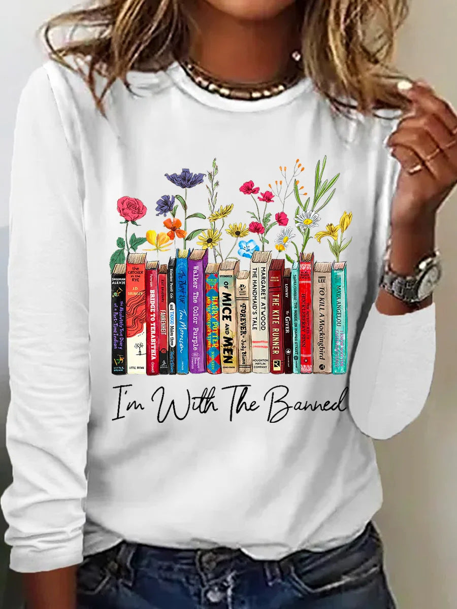 Damen Langarmshirt mit Bücher- und Blumenmotiv Heidi-Mode