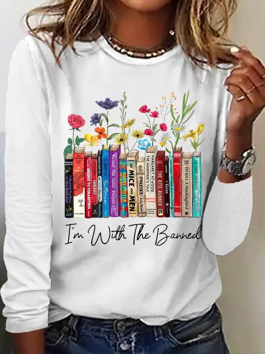 Damen Langarmshirt mit Bücher- und Blumenmotiv Heidi-Mode