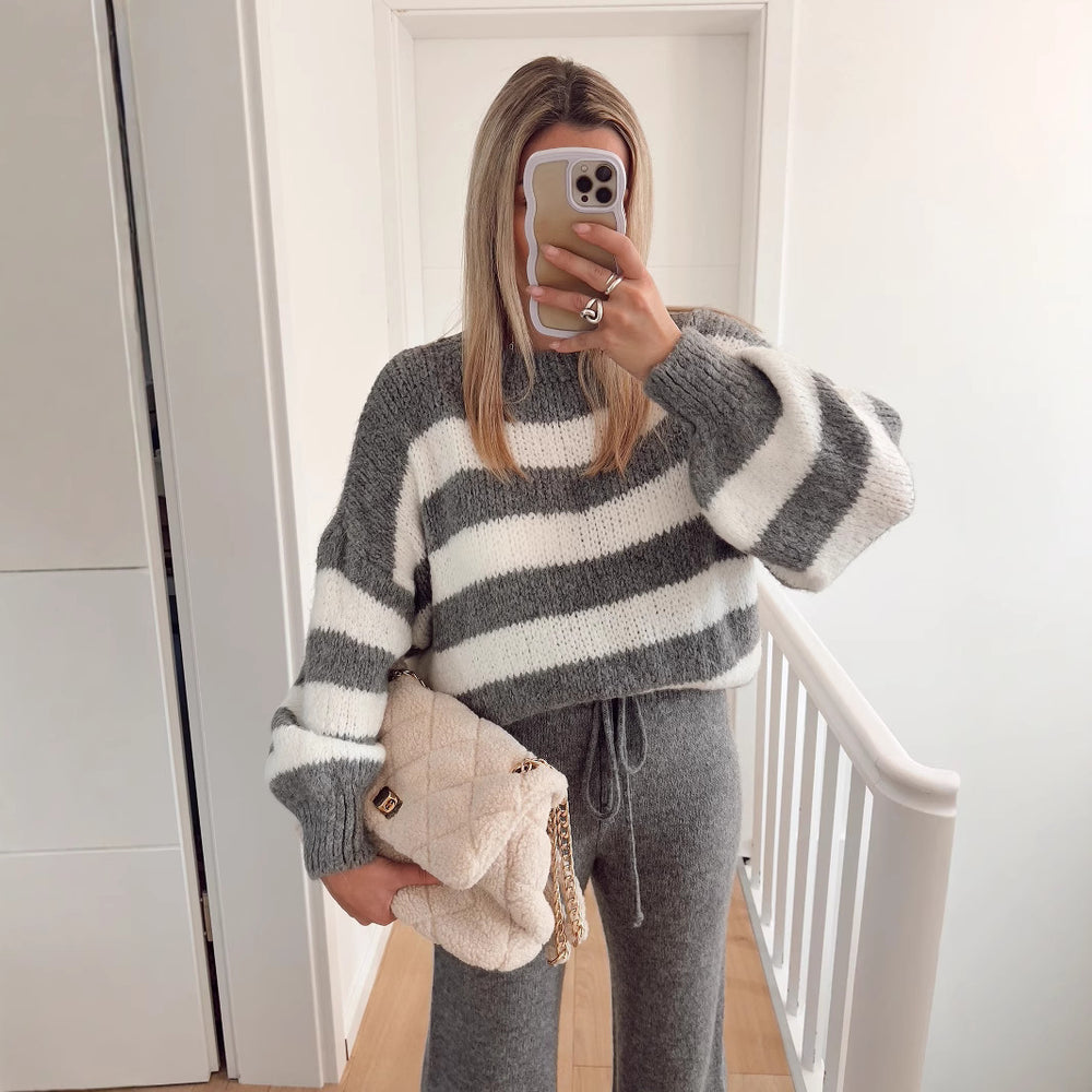 Damen modischer Cropped Pullover mit einzigartigem Streifenmuster und weit geschnittenen Ärmeln Heidi-Mode