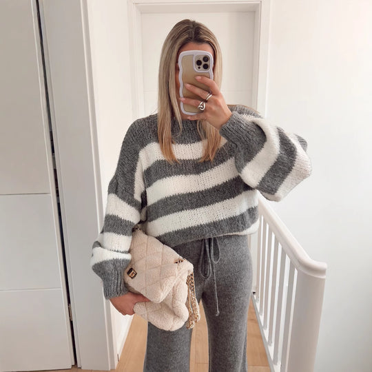 Damen modischer Cropped Pullover mit einzigartigem Streifenmuster und weit geschnittenen Ärmeln Heidi-Mode