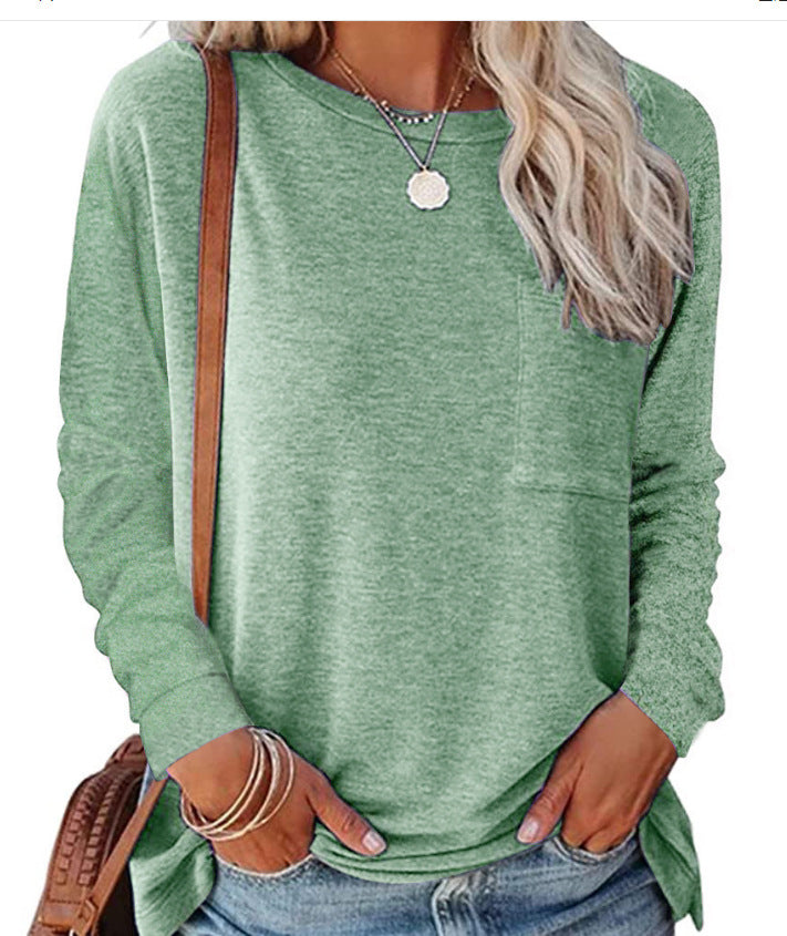 Damen lässiges Langarmshirt mit Taschen und Rundhalsausschnitt Heidi-Mode