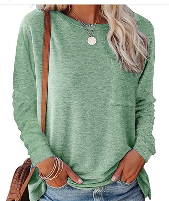 Damen lässiges Langarmshirt mit Taschen und Rundhalsausschnitt Heidi-Mode