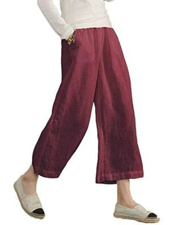Damen weite Leinenhose mit seitlichen Taschen und elastischem Bund Heidi-Mode