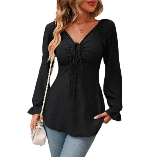 Damen Blusenshirt mit V-Ausschnitt und bindbarem Detail Heidi-Mode