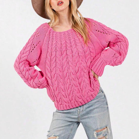Damen Grobstrickpullover mit voluminösen Ärmeln und feinem Lochmuster Heidi-Mode