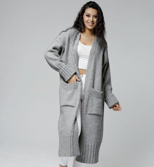 Damen bequemer langer Strickcardigan mit Taschen und breiten Ärmeln Heidi-Mode